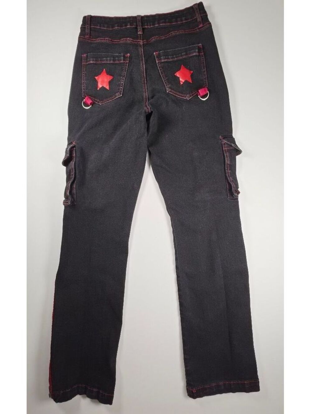 Hot Topic Goth Black Red Tripp Style Cargo Jeans Zip Off Star Flare Jeans 7 - Picture 5 of 10